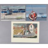 ARR DRUIE BOWETT (1924-1998) Harbourside houses and fishing boat at anchor, watercolour and