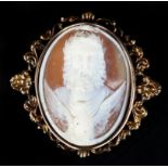 A 19TH CENTURY SHELL CAMEO BROOCH in 9ct gold the oval portrait of Zeus with phoenix in the