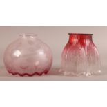 AN EDWARD VII SHADED CRANBERRY GLASS SHADE of acid etched globular form, frilled rim, 14cm high x