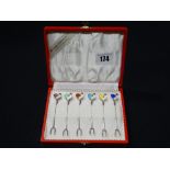 A Cased Set Of Six Danish Silver & Enamel Decorated Cocktail Forks In Original Case