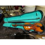 A Cased Violin & Bow, Two Piece, 14" Back