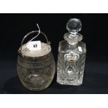 A Cut Glass Whisky Decanter & Label, Together With An Etched Glass Biscuit Barrel