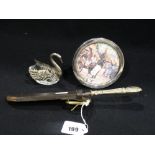 A Letter Opening Knife & Sheath, Together With A Circular Silver Photograph Frame Etc (3)