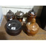 A Carved Wooden Barrel Form Tobacco Pot, Together With A Small Bucket Form Copper Pot Etc (5)