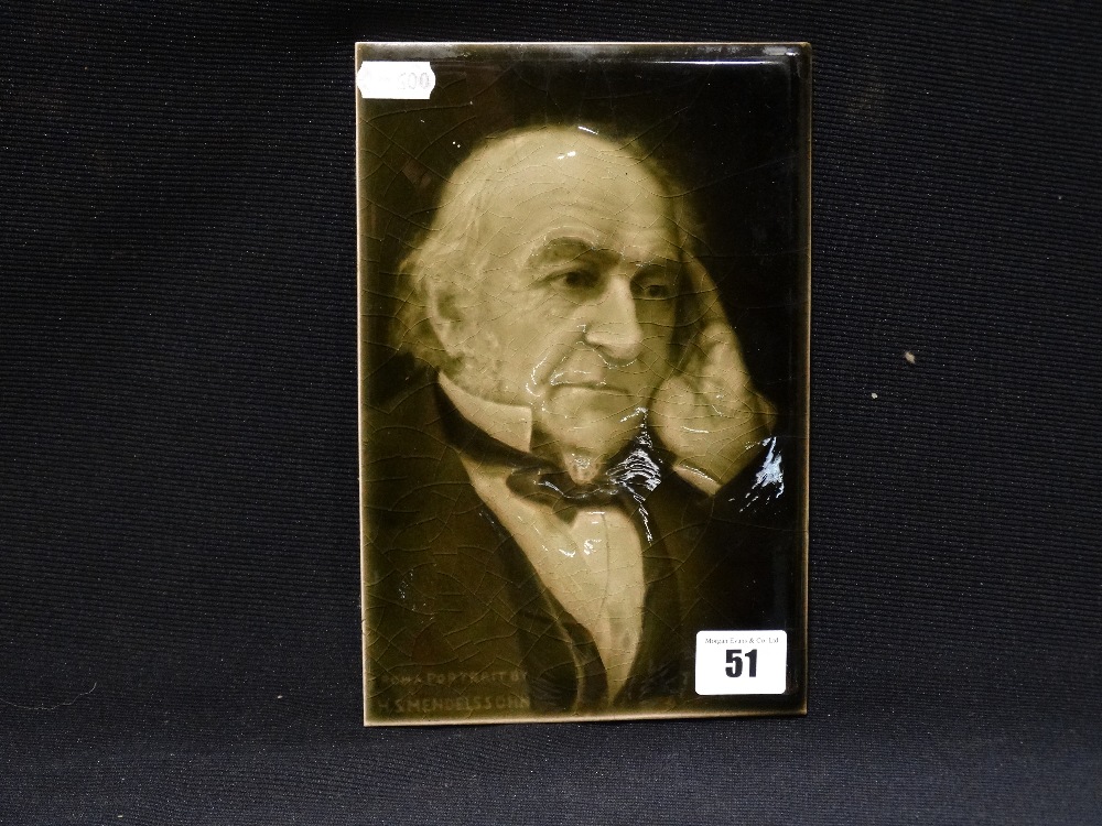 A Glazed Portrait Tile Depicting Gladstone, Made By Sherwin & Cotton Of Hanley, Dated 1898, 9 X 6"