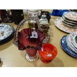 A Cranberry Tinted Glass Flower Basket, Together With A Further Vase