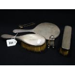 A Three Piece Silver Backed Brush & Mirror Set, Together With A Pair Of Silver Sugar Grips Etc