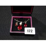 A Silver Set Red Stone Pendant & Earring Set