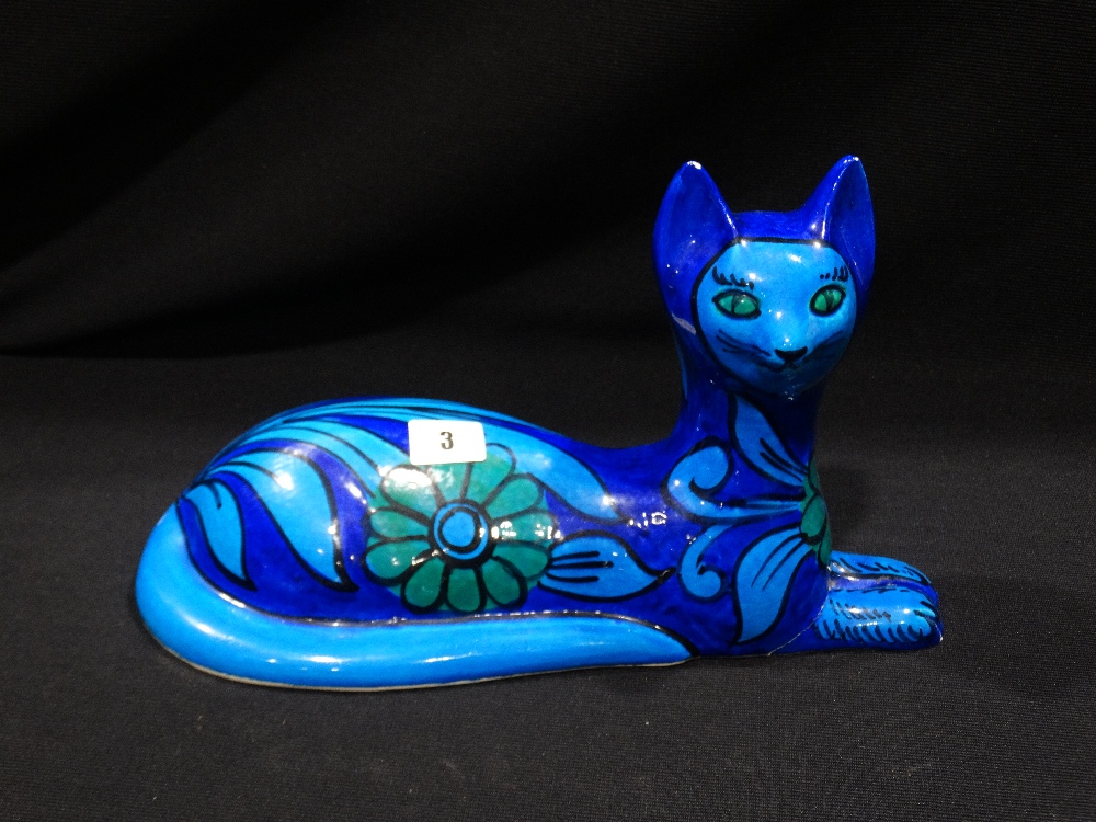 A Mid Century Italian Pottery Cobalt Blue Floral Decorated Reclining Cat Figure (AF)