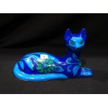 A Mid Century Italian Pottery Cobalt Blue Floral Decorated Reclining Cat Figure (AF)
