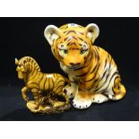 A Mid 20th Century Portuguese Pottery Figure Of A Tiger Cub, Together With A Model Zebra
