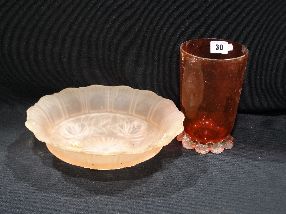 A Cranberry Tinted Flower Vase, Together With A Pink Tinted Moulded Glass Bowl