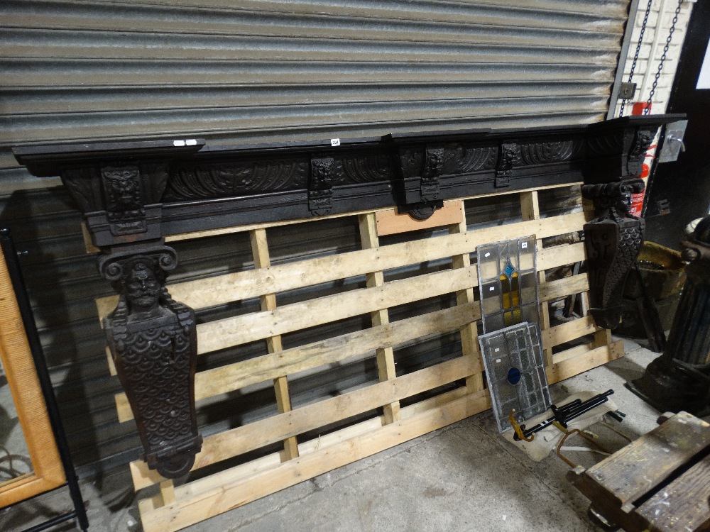 A Carved Gothic Revival Over Mantel With Figural Side Columns & Lion Head Motif, Approx 104" Across