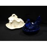 A Blue Glazed Pottery Hen On Nest, Together With An Edwardian Lidded Cheese Dish