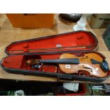 A Cased Vintage Violin & Bow, 14" Two Piece Back