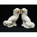 A Pair Of Staffordshire Pottery White Seated Dogs, 13" High