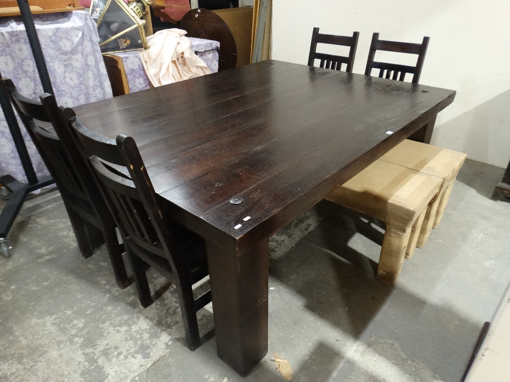 A Large Contemporary Solid Teak Dining Table On Thick Square Supports & Four Matching Chairs & Two