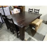 A Large Contemporary Solid Teak Dining Table On Thick Square Supports & Four Matching Chairs & Two