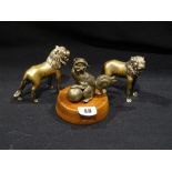 A Cast Bronze Model Dog Of Fo, Together With Two Cast Metal Lion Figures