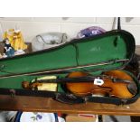 A Cased Violin & Bow With Owners Label Dated 1912, 14" Two Piece Back