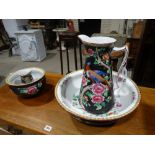 A Staffordshire Pottery Bird & Floral Transfer Decorated Pottery Wash Set
