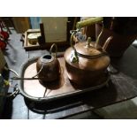 An Antique Copper Kettle, Together With A Plated Serving Tray Etc (3)