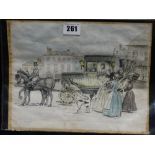 G.D Giles, Unframed Watercolour & Pencil Sketch Showing A Street Scene With Figures By A Horse &