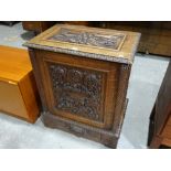 A Gothic Revival Carved Oak Oversize Wine Cooler Cabinet With Lift Top & Base Drawer, 32" High, 26"