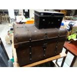 An Iron Banded Tin Cabin Trunk & Document Box, Both Marked With The Initials E.R