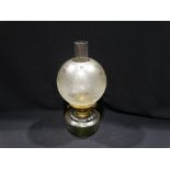 A Cut Glass Oil Lamp Reservoir & Burner With Etched Glass Shade