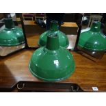 A Pair Of Green Enamel Finish Industrial Style Hanging Shades