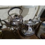 A Silver Plated Spirit Kettle & Stand, Together With A Plated Coffee Pot