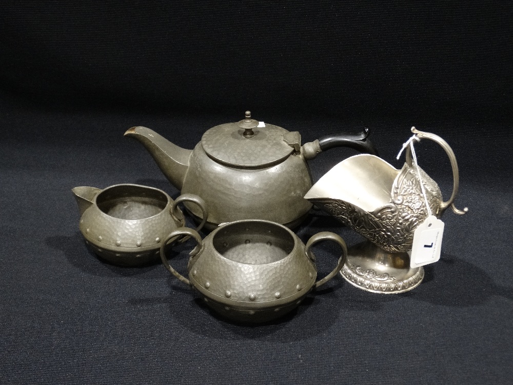 A Beaten Pewter Cream Jug & Sugar Bowl, Together With Non-Matching Teapot & Sugar Scuttle (4)