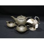 A Beaten Pewter Cream Jug & Sugar Bowl, Together With Non-Matching Teapot & Sugar Scuttle (4)