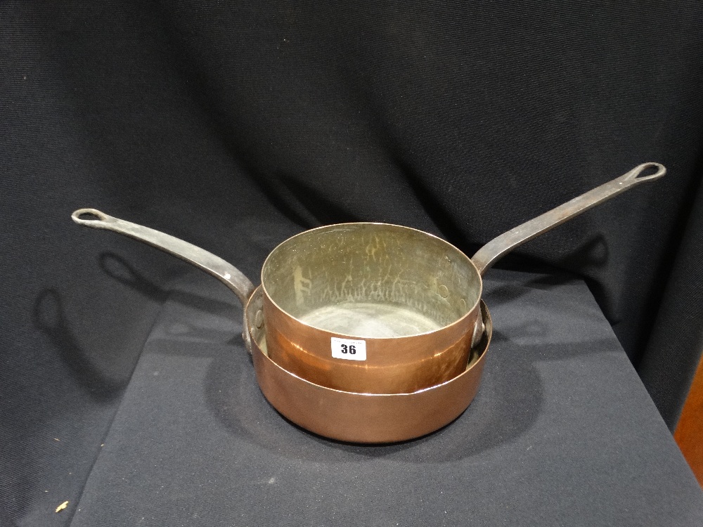 Two Antique Copper & Steel Handled Saucepans