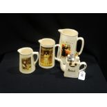 A Set Of Three Graduated Mustard Advertising Jugs, Together With A Novelty Teapot