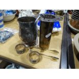 A Victorian Britannia Metal Presentation Tankard, Together With A Pair Of Serviette Rings Etc