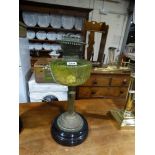 A Victorian Brass Column Oil Lamp With Green Tinted Reservoir