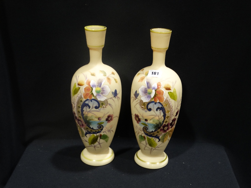 A Pair Of Victorian Floral Painted Satin Glass Vases