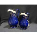 Two Pewter Lidded Blue Glazed Staffordshire Pottery Water Jugs