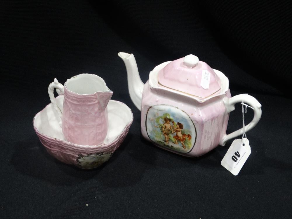 A Victorian Pink China Souvenir Three Piece Tea Service