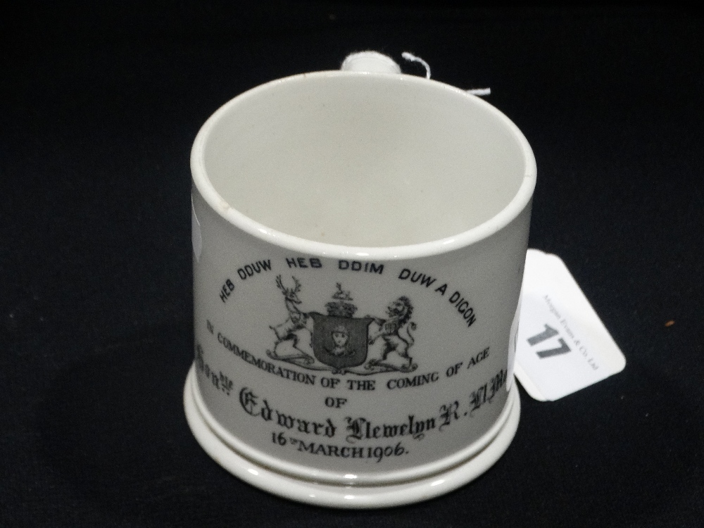 A Staffordshire Pottery Coming Of Age Mug, For The Honourable Edward Llewelyn Mostyn 1906