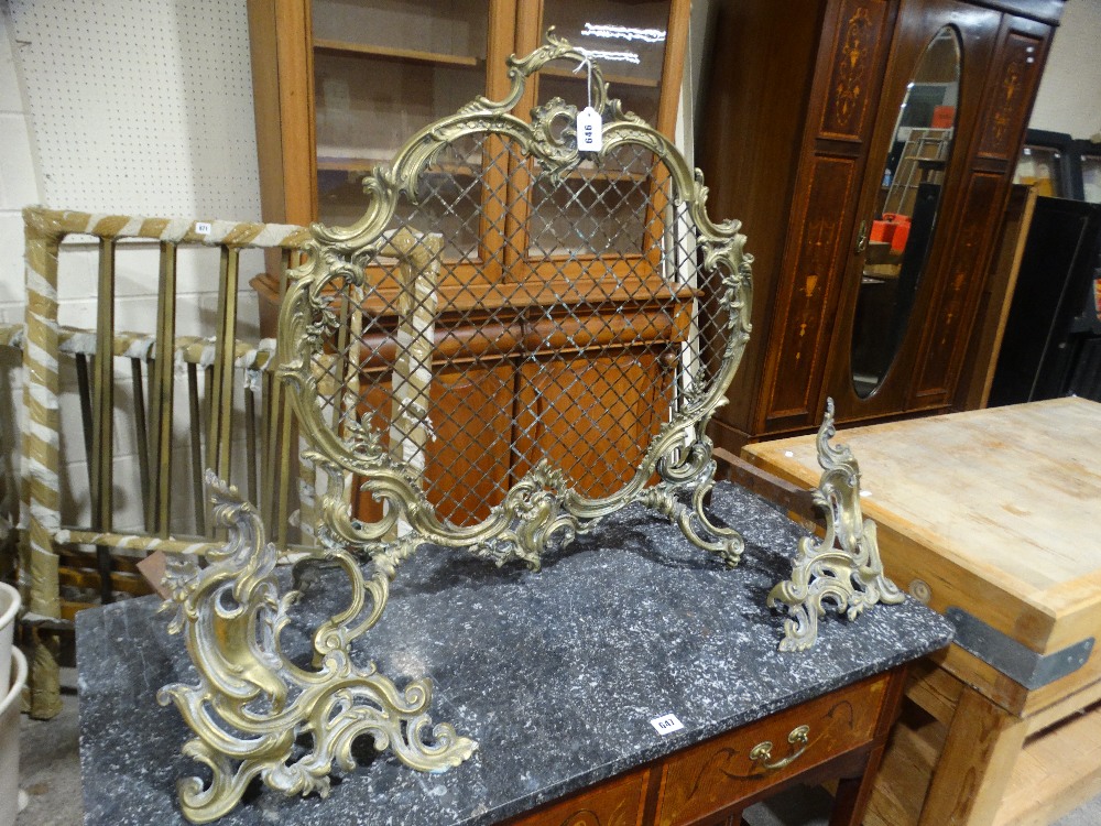 A Gilt Brass Framed Rococo Style Fire Screen & Pair Of Fire Dogs