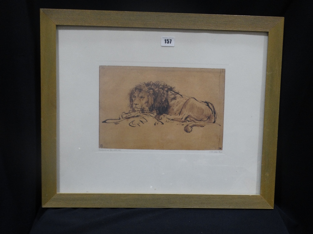 A Framed Rembrandt Print, Titled "A Lion Lying Down"