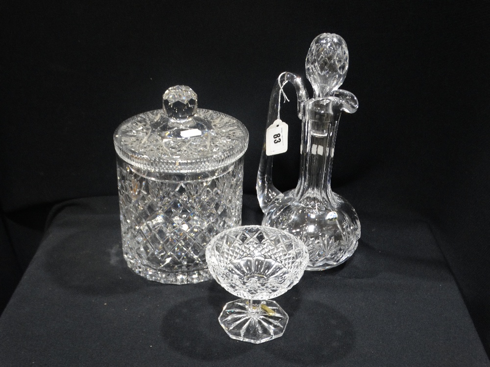 A Large Cut Glass Biscuit Barrel, Together With A Claret Jug Etc