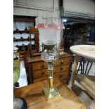 A Victorian Brass Square Based Column Oil Lamp With Pink Tinted & Etched Shade