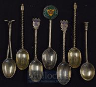 6x silver hallmarked golf club tea spoons – 2x St Ives Hunts Golf Club with engraved bowls;