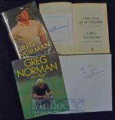 Norman Greg signed golf books (2) - “My Story” 1st ed 1983 signed to the front free end plate c/w