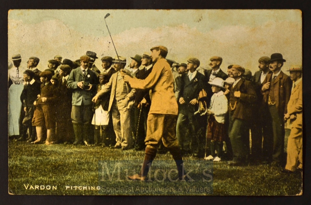 Harry Vardon 6x Open Golf Champion coloured golfing postcard - titled “Vardon Pitching” - used and