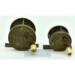 2x interesting Vic brass crank wind multiplying reels – to incl 2.5” brass wide drum, curved crank